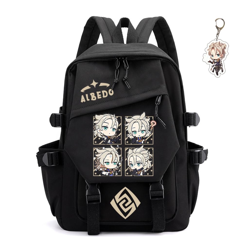 SodaMeow Anime Backpack Unisex Women Men Rucksack Furina Xiao Scaramouche Kawaii Backpack, Free Keychain (Black-Albedo) : Electronics