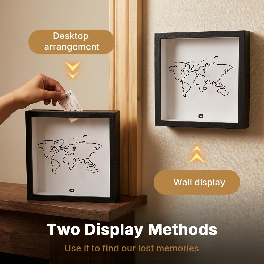 HASTHIP® Shadow Box Frame Travel Memory, Shadow Keepsake Box with Top Slot Wood Frame for Tickets Photos Souvenirs Wall Display Keepsake Decor, Memory Box 1