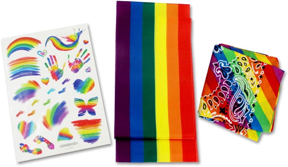 QSUM Gay Pride Decorations Gay Pride Satin Sash + Gay Pride Stickers Rainbow Temporary Tattoos + Gay Pride Rainbow Cover Headband Unisex Pride Gifts LGBT Gay Pride Accessories