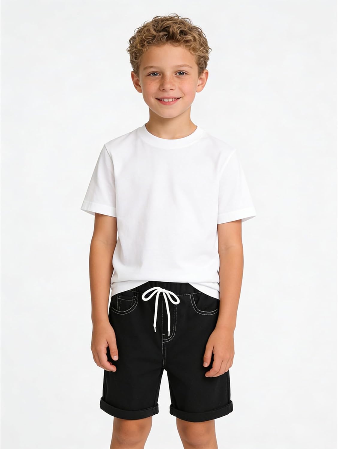 Boys Denim Shorts 3-Pack Pull On Elastic Waist Straight Leg with Pockets Loose Fit Casual Jean Shorts 3-14Y