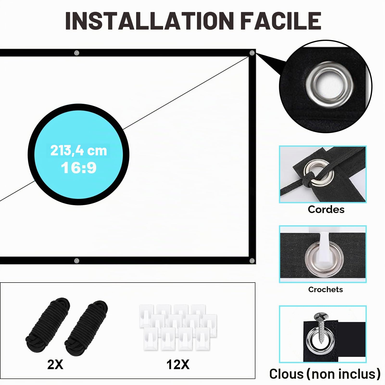 Écran de Projection 84 Pouces 16:9, Portable Pliable, 4K HD Écran Videoprojecteur Double Face Anti-Plis Toile de Videoprojecteur, Écran Projection pour Home Cinéma, Camping et Usage Extérieur