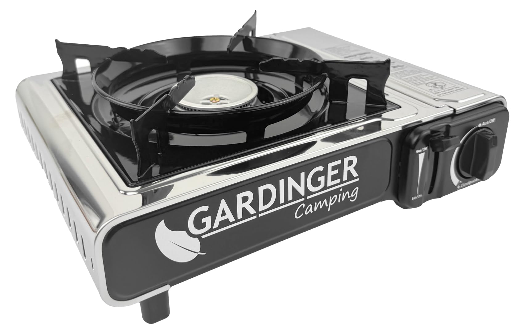 GARDINGER einflammiger Butangaskartuschenkocher Safety Camp Allgas mit Piezozündung Flammenüberwachung und Adapter-Schlauch