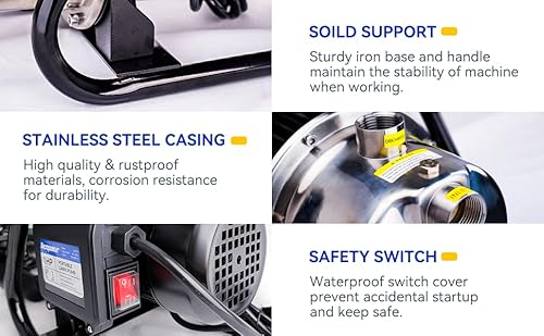 Acquaer 1Hp Portable Shallow Well Pump Garden Pump, Stainless Steel, 998Gph, 115V Sprinkler Pump Water Transfer Draining Irrigation Pump For Water Removal/Lawn Garden #TOP5