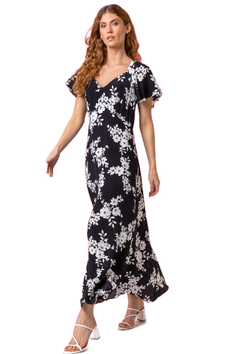 Roman Originals Women's Black Pink Floral Print Back Detail Maxi Dress - Spring Everyday Summer Evening Vacation Work Holiday Short Sleeve Smart Casual - Size 10