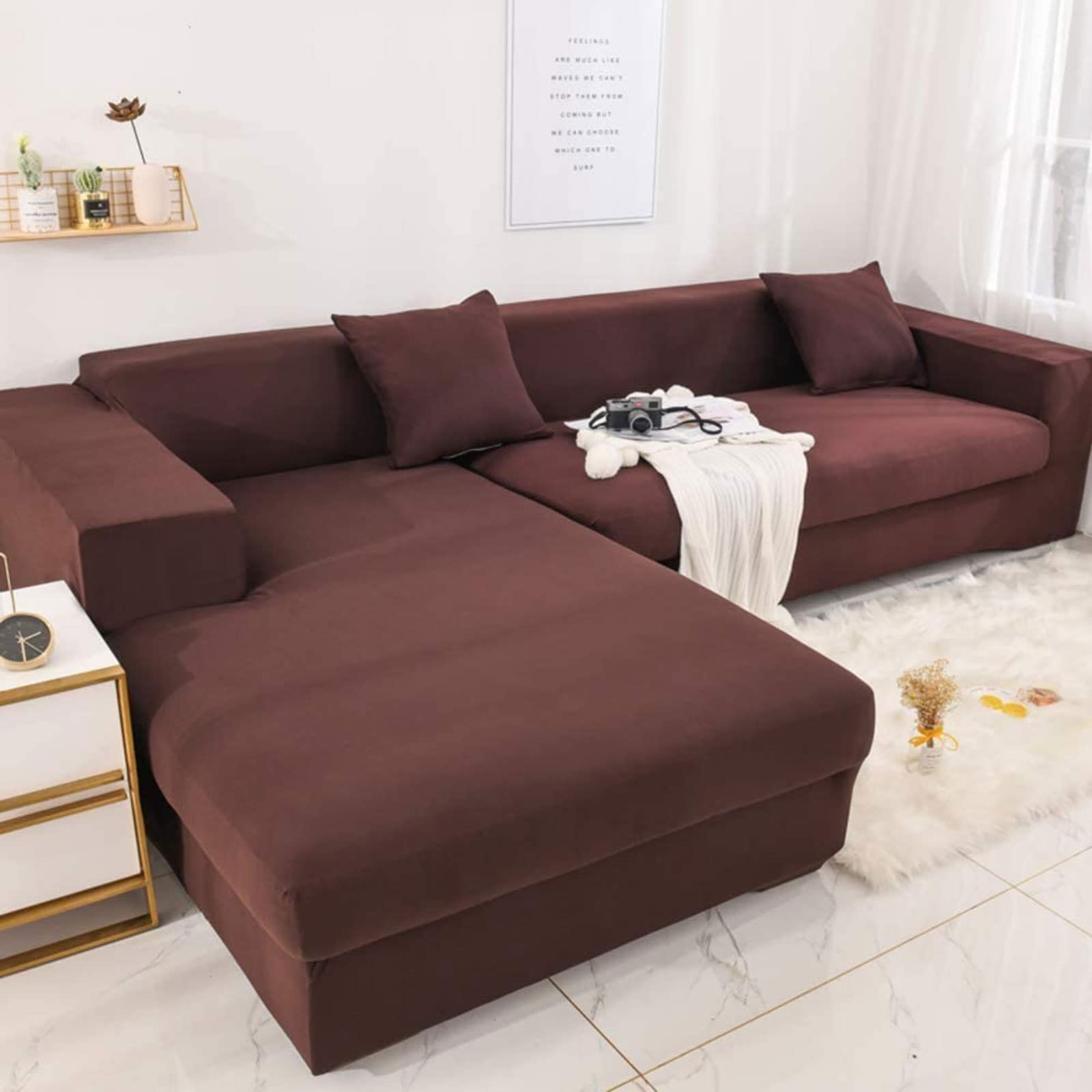 MGEMJMJ Stretch L Shape Sofa Cover,Slipcover Couch 1 Piece Couch Cover,Sectional Couch Covers Jacquard Fabric Sofa Slipcover(Size:sofa 190~230cm(75~91inch),Color:Brown)