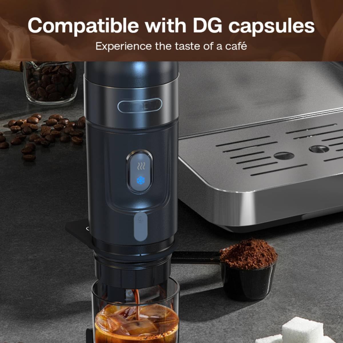 Homgoday portátil HiBREW H4A 80W, Espresso 3 en 1 con Adaptadores, y Café en Polvo 15 Bares, Funcionamiento USB 12V, Diseño Resistente, Incluye Accesorios
