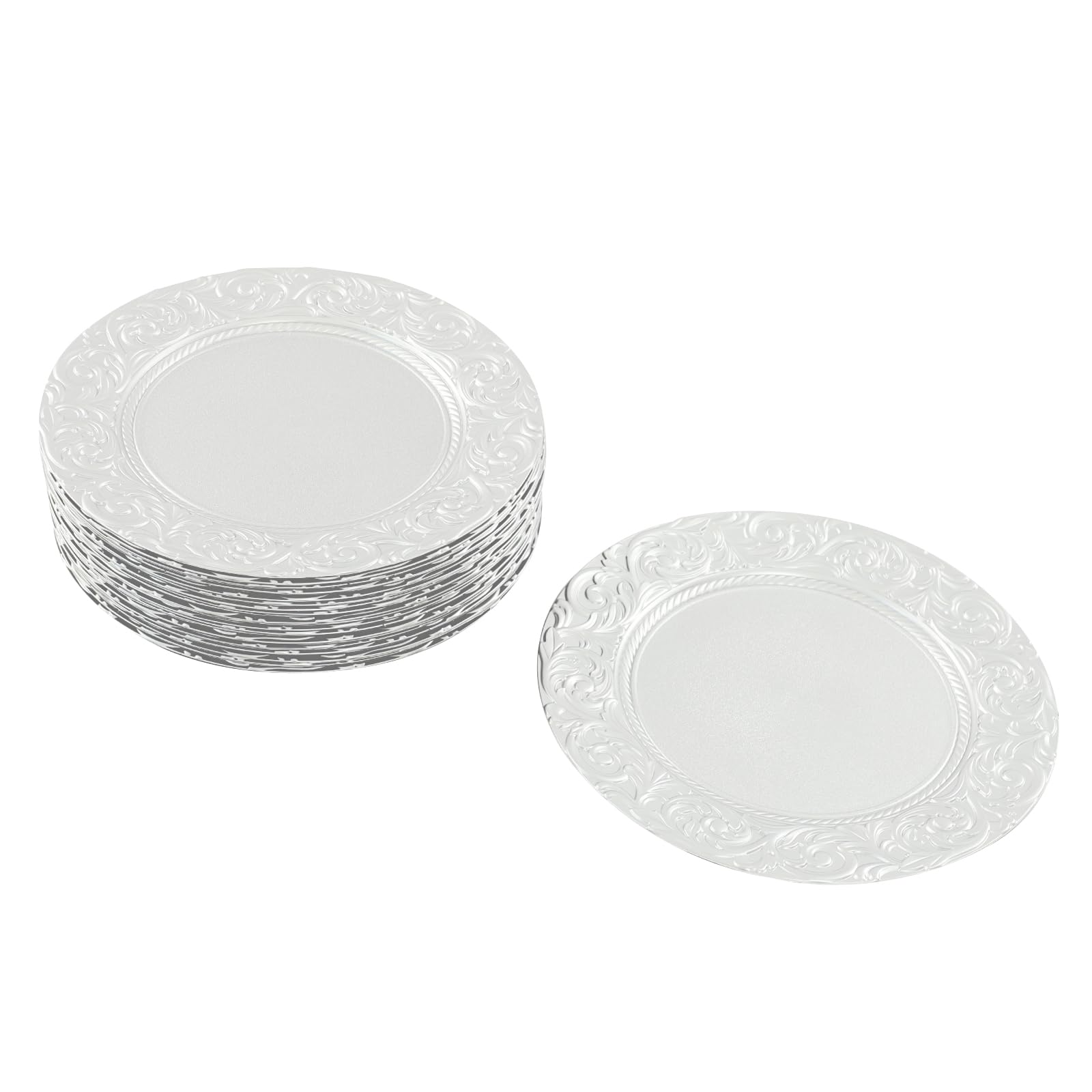 Set di 24 piatti grandi, diametro 33 cm, con bordo decorato, riutilizzabili, per feste, buffet, Natale, matrimoni, catering, grigliate e ristoranti (argento)
