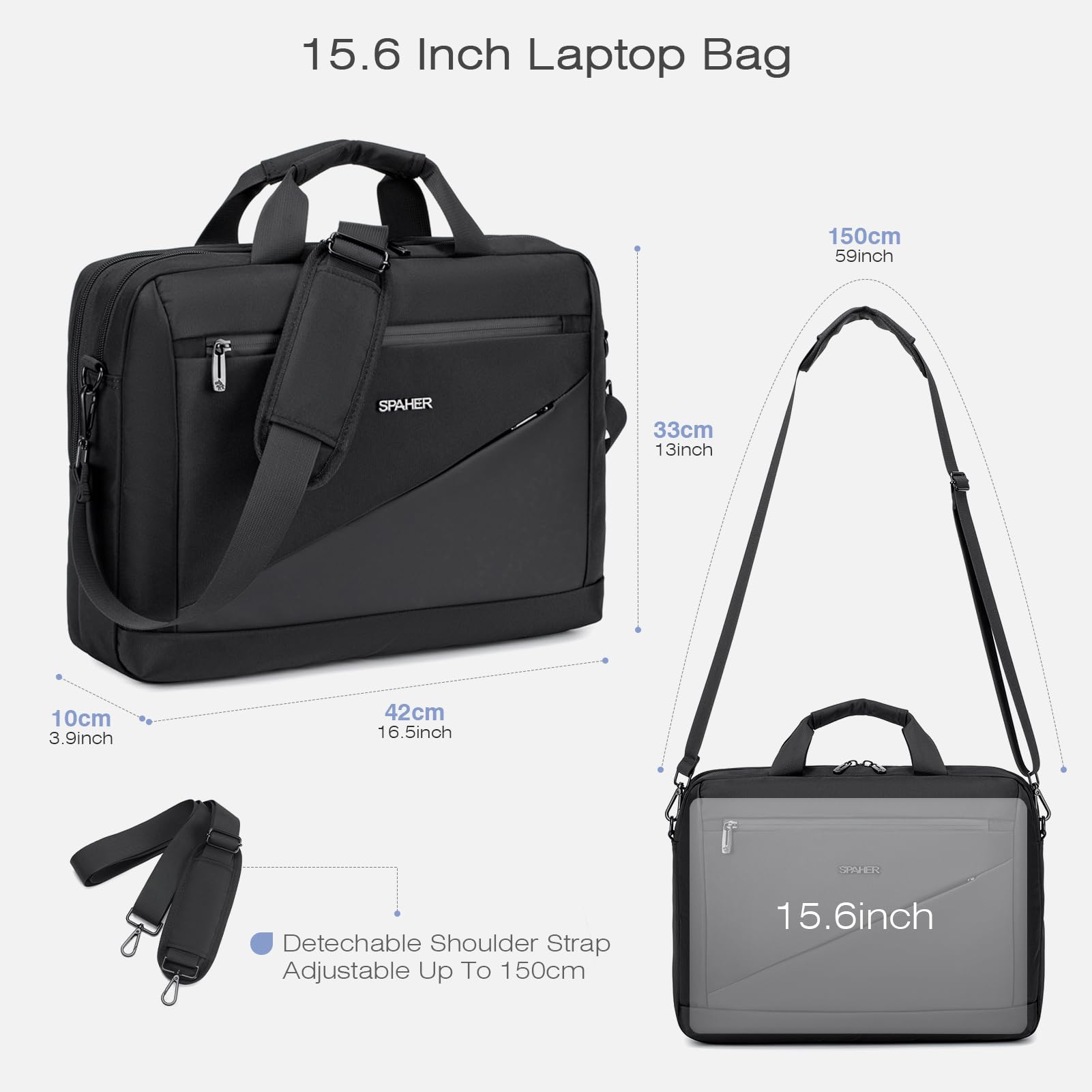 SPAHER Bolso Bandolera Portátil 15,6/16 Pulgadas Maletin Portatil Bolsa de Transporte para Ordenador Bolsa de Mensajero de Hombro Laptop Trabajo Bolsa Ordenador Portatil, Negro