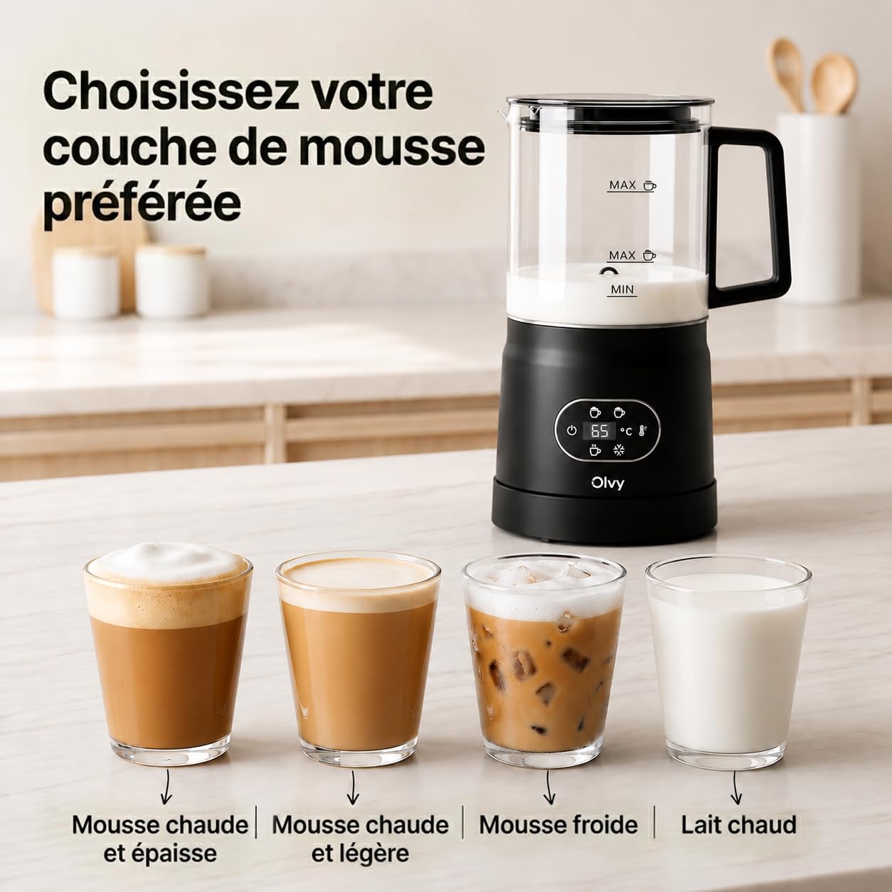Olvy Mousseur Lait Electrique Chauffe Emulsionneur 3en1