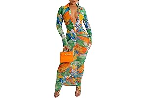 Women's Sheer Mesh Long Sleeve Bodycon Floral Midi Dress Club Night Out...
