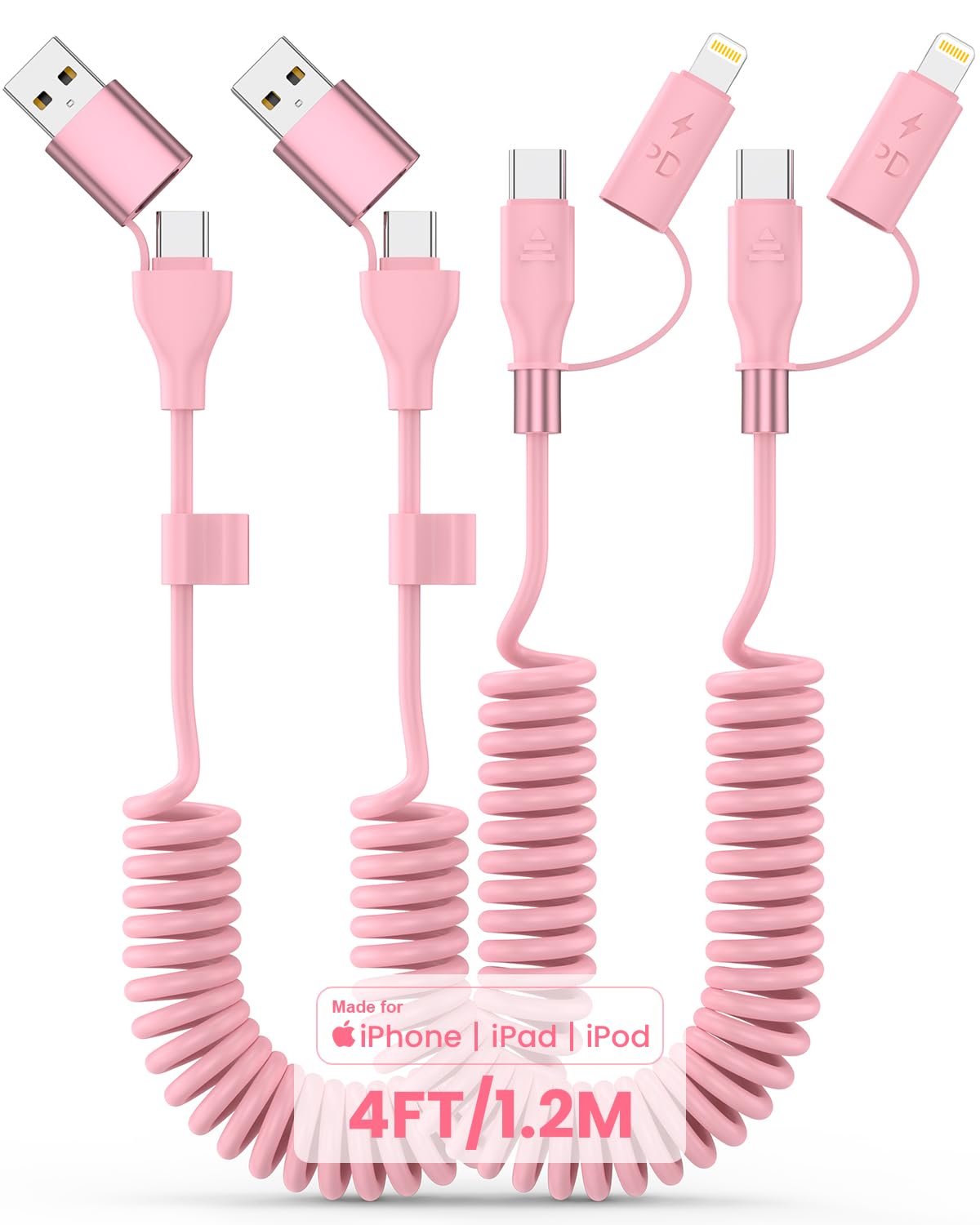 Coiled USB C and Lightning Cable 2-in-1, [2-Pack] 60W USB-C to Lightning Cable for Car Type C to USBC Fast Charging Multi Charger Cord for Cell Phones/Tablets, Support CarPlay & Android Auto, Pink