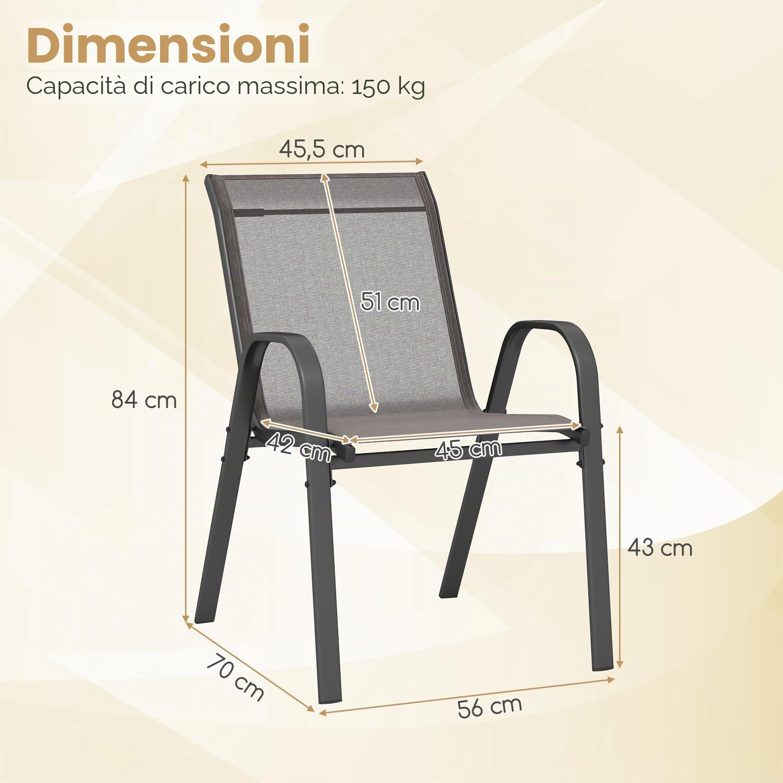KOMFOTTEU Set di 2/4 Sedie da Giardino, Sedie Impilabili da Esterno in Tessuto con Telaio in Metallo, Poltrona da Balcone con Braccioli e Schienale Alto, per Sala da Pranzo, Carico 150 kg (Grigio*4)