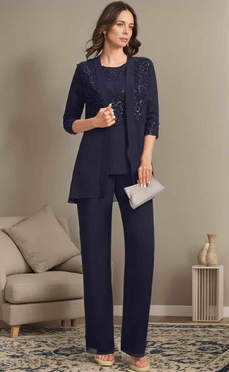 3 Pieces Mother of The Bride Pant Suits for Wedding Chiffon Lace Appliques Formal Outfit with Jacket KW010