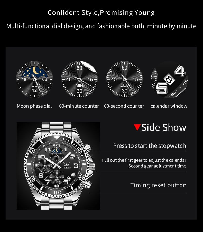 Image of OLEVS Watch Men Luxury Chronograph Stainless Steel Wrist Dress Waterproof Watch Quartz Analog Large Face Luminous