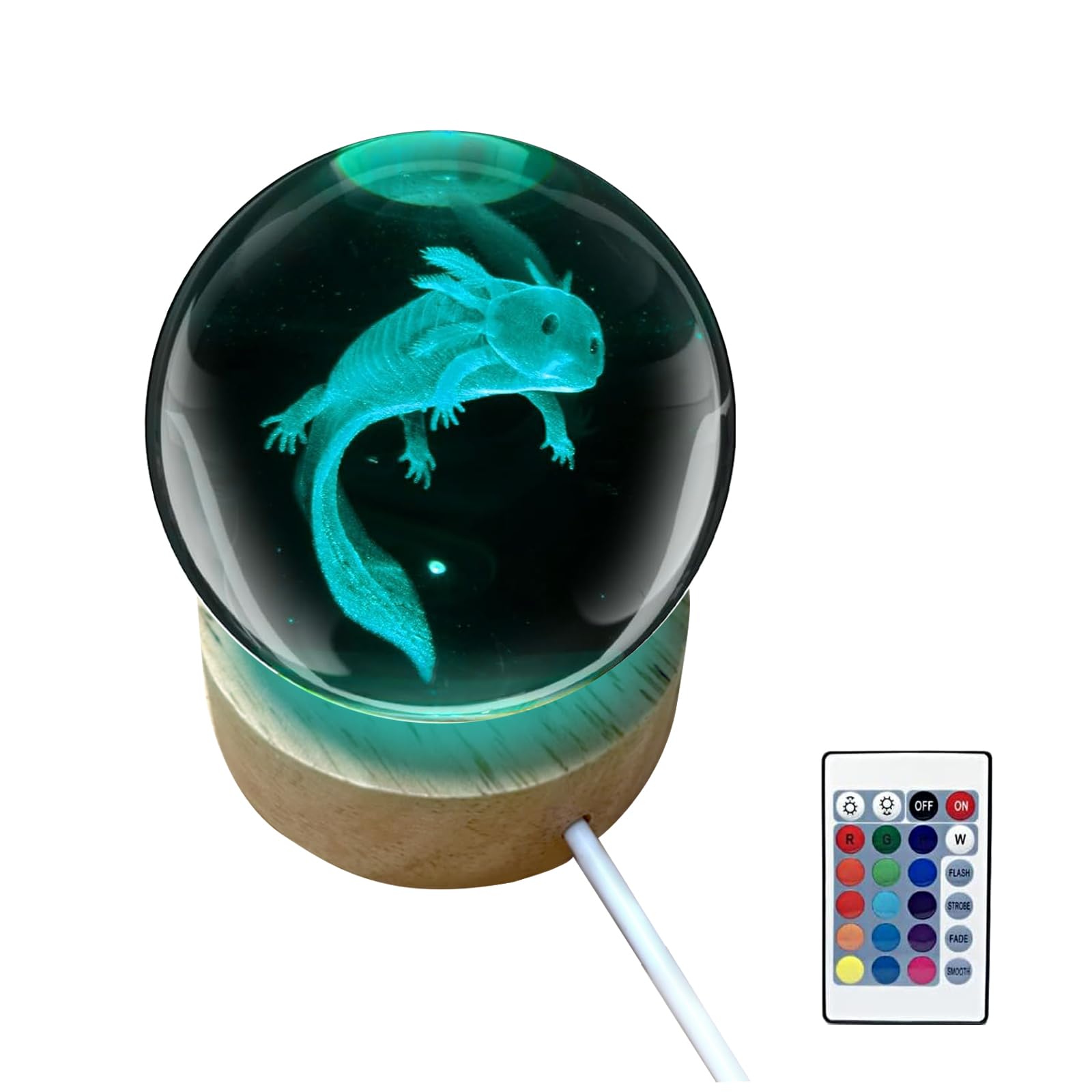 Axolotl Night Light CDIYTOOL Veilleuse 3D Axolotl En Forme De Boule De Cristal Avec Base En Bois, Télécommande Avec 16 Couleurs, Lampe De Table Décorative, Cadeau Pour Amis, Famille, Amoureux (8,1 Cm
