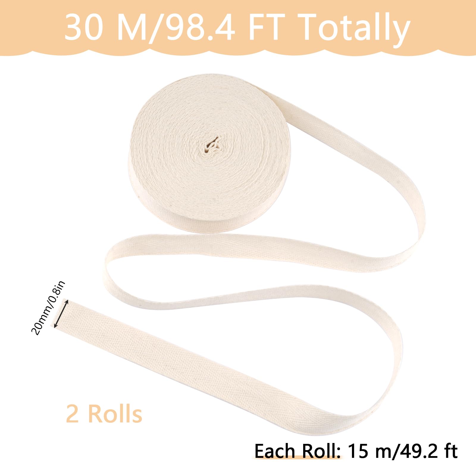 Vaktop 2 Roll Cotton Tape, Herringbone Design, Beige, 20 mm x 15 m, Bias Binding Tape for Sewing DIY Craft - Image 2