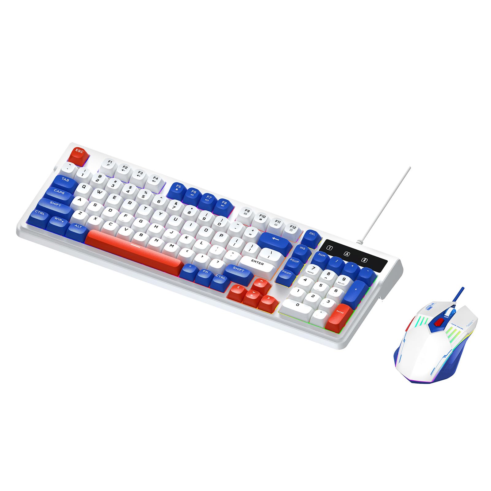 Generic Ergonomiczny Zestaw Myszy i Klawiatury z Podświetleniem RGB 98 Klawiszy Przewodowy USB do Gier 98SE/ME/2000/XP/Vista/7/10 (Niebieski Biały)