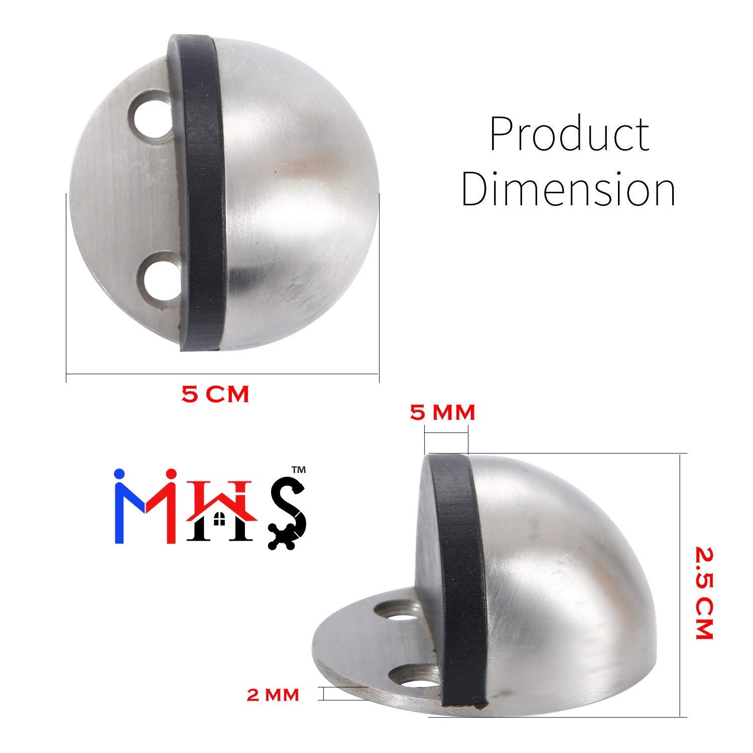 MHS Half Moon Stainless Steel Safety Door Stopper, Floor Mount Half Dome Door Stopper with Rubber Bumper, Heavy-Duty Door Stop Bumper & Wall Protector, Includes Screws & Wall Plugs (1, Silver) — Amazon image 2
