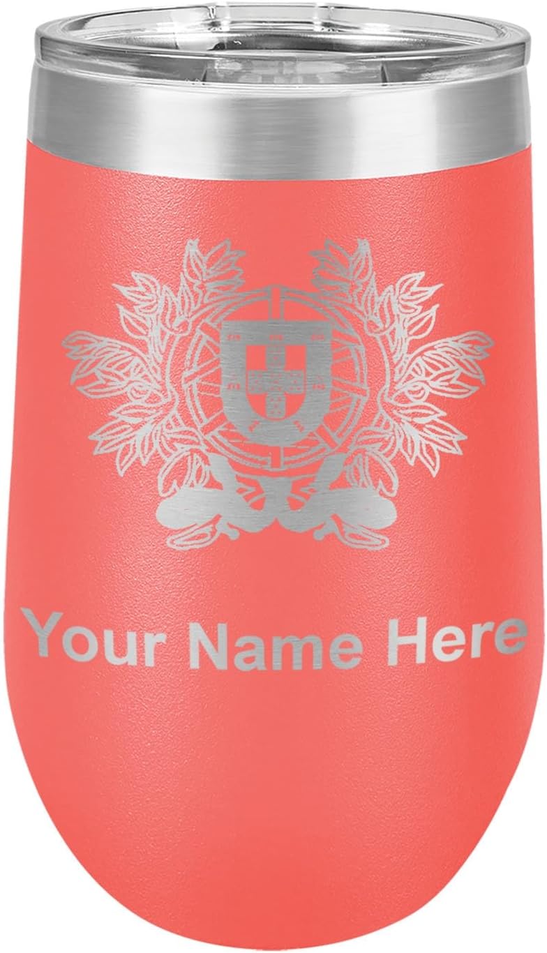 LaserGram 16oz Double Wall Stainless Steel Wine Glass Tumbler, Coat of Arms Portugal, Personalized Engraving Included (Black)