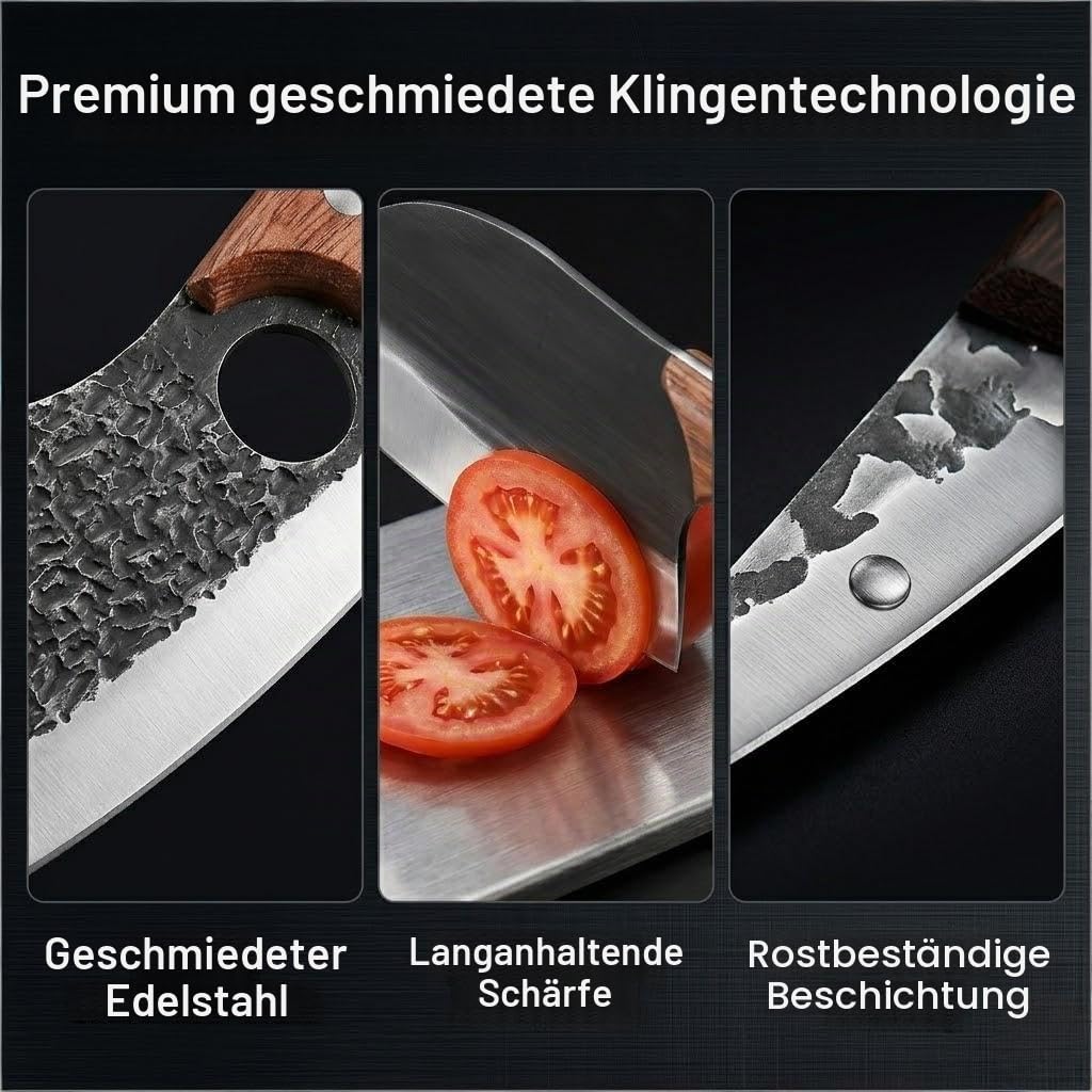 KLYTE 8-teiliges Messerset: Hackmesser & Kochmesser für BBQ | Perfektes Koch set für Männer & Grillset. Inkl. Metzgermesser, Tasche & Handschuh. Ideal als Camping Messer mit Holzgriff.