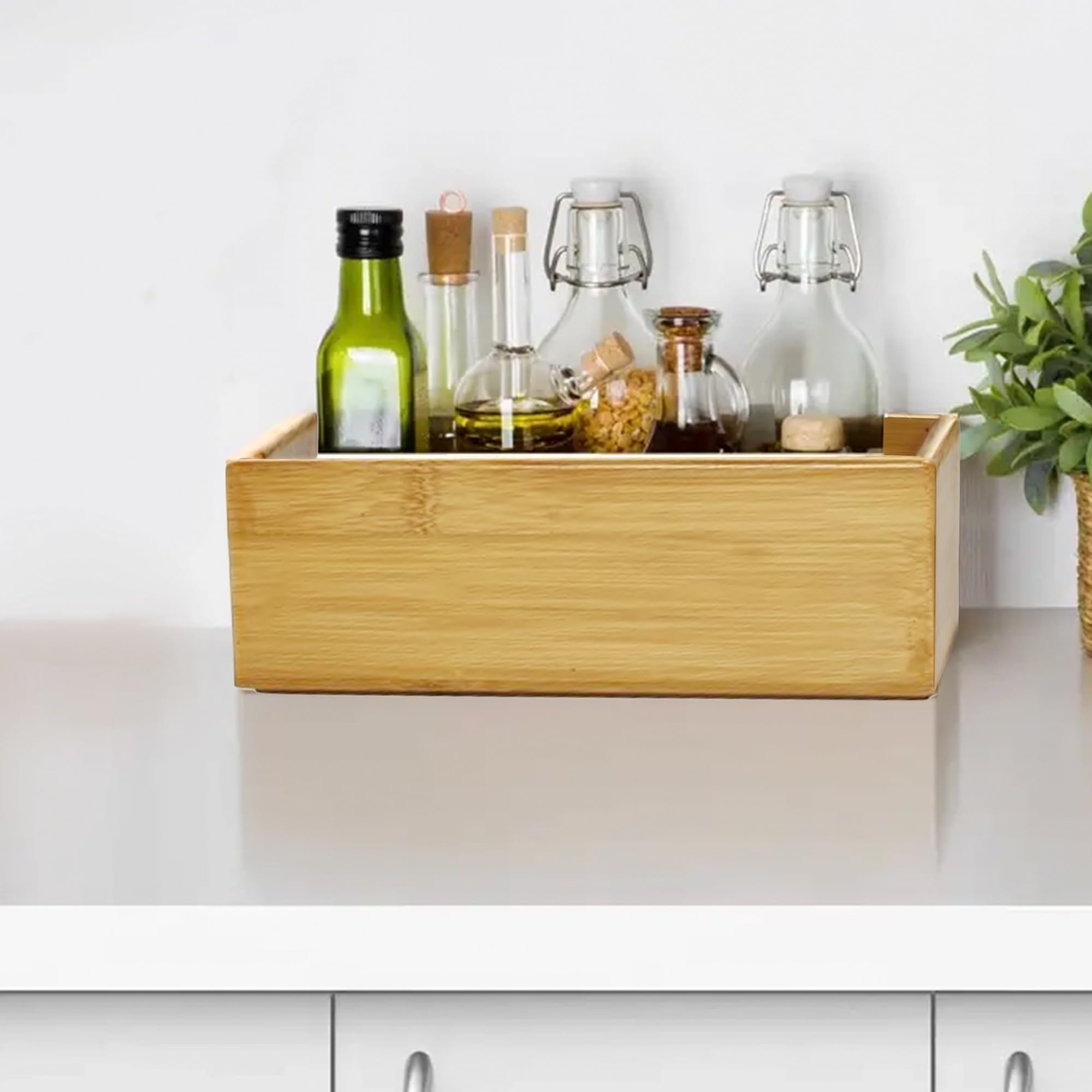 AnkoRectangular Bamboo organiser Drawer | Kitchen Cutlery, Office Supplies, Makeup | Bathroom, Dresser, Bedroom | Table-Top Decor | No Rust/Splinters | 6.8Cm (H) x 15Cm (W) x 23Cm (D) 250Gms (1 Pc)