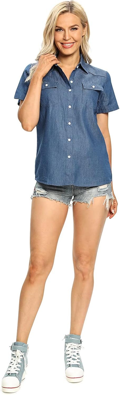 Women's Lightweight Short Sleeve Button Down Denim Chambray Shirt Casual Summer Tops Collared Blouse - Image 4