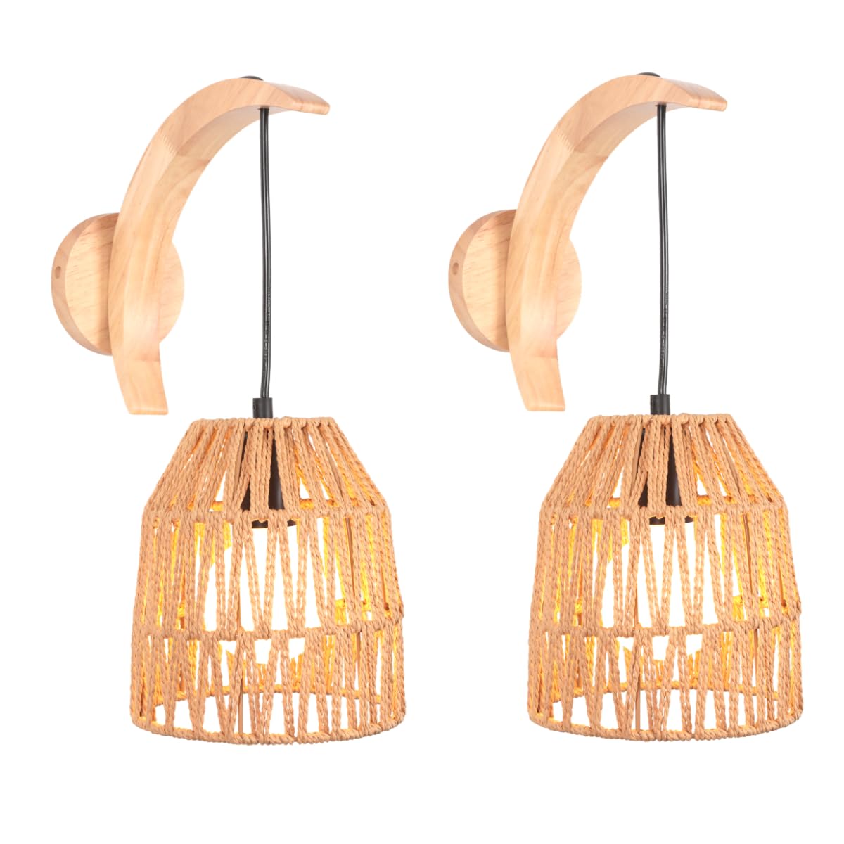Lote de 2 lámparas de pared interiores de madera vintage lámpara de pared cuerda de cáñamo E27 apliques de ratán, lámpara bohemia, lámpara de pared bohemia, para dormitorio, salón, pasillo