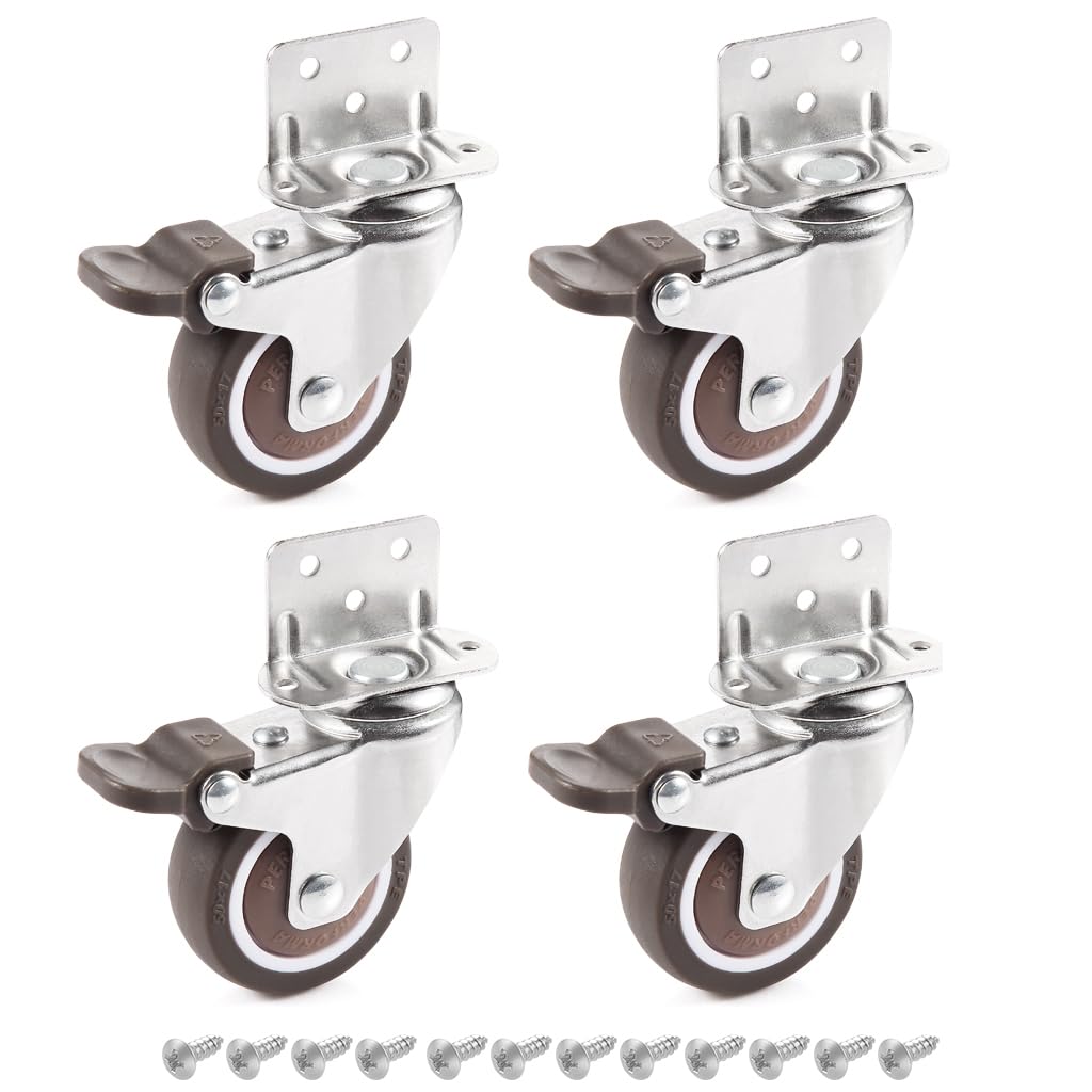 Skelang 4 Pcs 2 Inches Swivel Plate Casters with Brake, TPE Caster, L- Shaped Mute Wheels Replacement for Baby Bed, Carts Trolley, Kitchen Cabinet, Furniture, Table, Loading Capacity 240 Lbs
