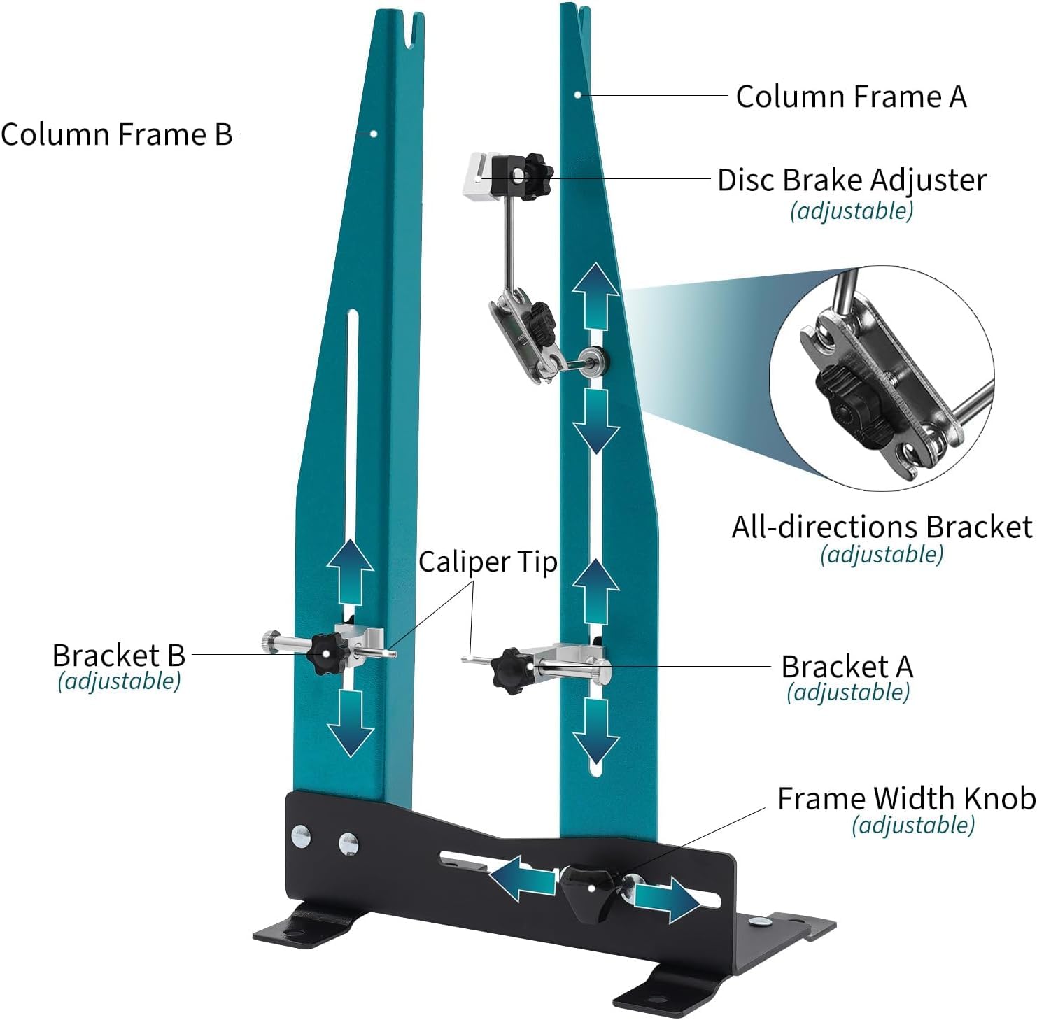 Support de Centrage de Vélo pour Roues de 16" à 29", Support d'étalonnage pour l'entretien des Roues avec Tige d'adaptation d'axe, Acier au Carbone, Largeur Roue Réglable de 95 à 155 mm