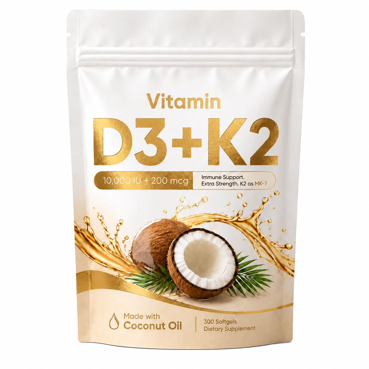 Vitamin D3K2 – 300 Softgels, High Absorption Softgels for Bone, Heart & Immune Support – Virgin Coconut Oil, Easy to Swallow Gold