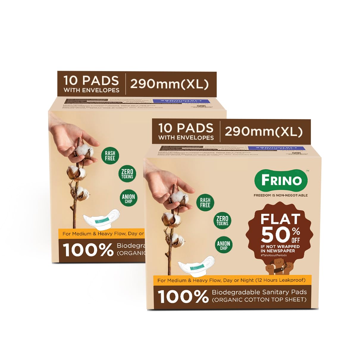 Frino 100% Organic Cotton Biodegradable Sanitary Pads, 290mm(XL) | (Pack of 2) Total Quantity: 20 pads | Anti-Bacterial | Rash Free | Zero Toxins | Anion Chip | No Plastics | No Phthalates | No VOC’s | 12 Hours Leakproof | Safe for All Skin Types | Super Dry Feel | Very High Absorption Capacity-image-11