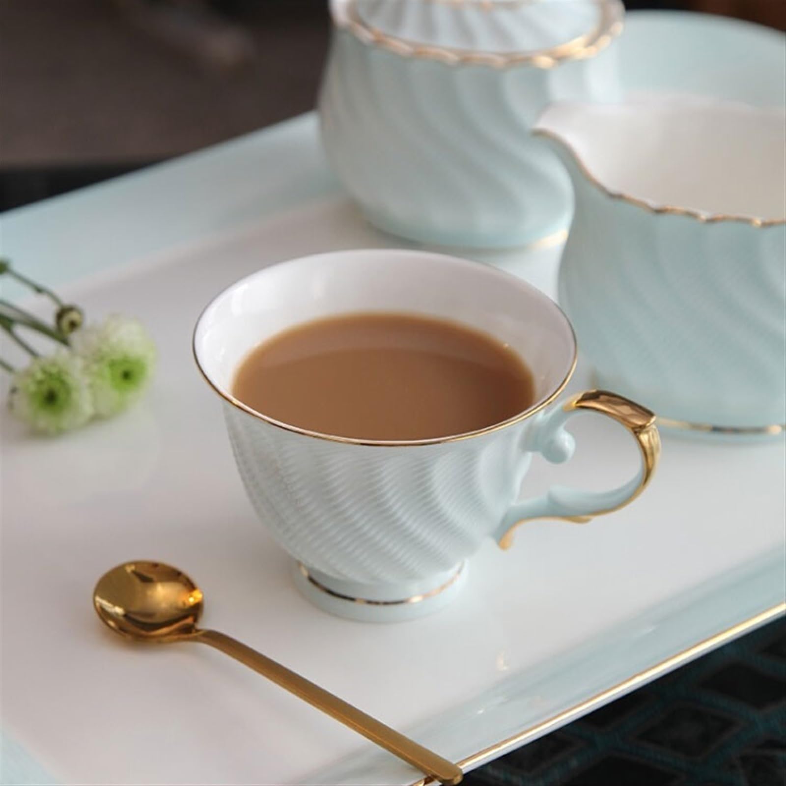Taza de café Tazas y platillos de café con leche, bonitos franceses cerámica, exquisito juego té la tarde for el hogar Tazas de chocolate(Blue)