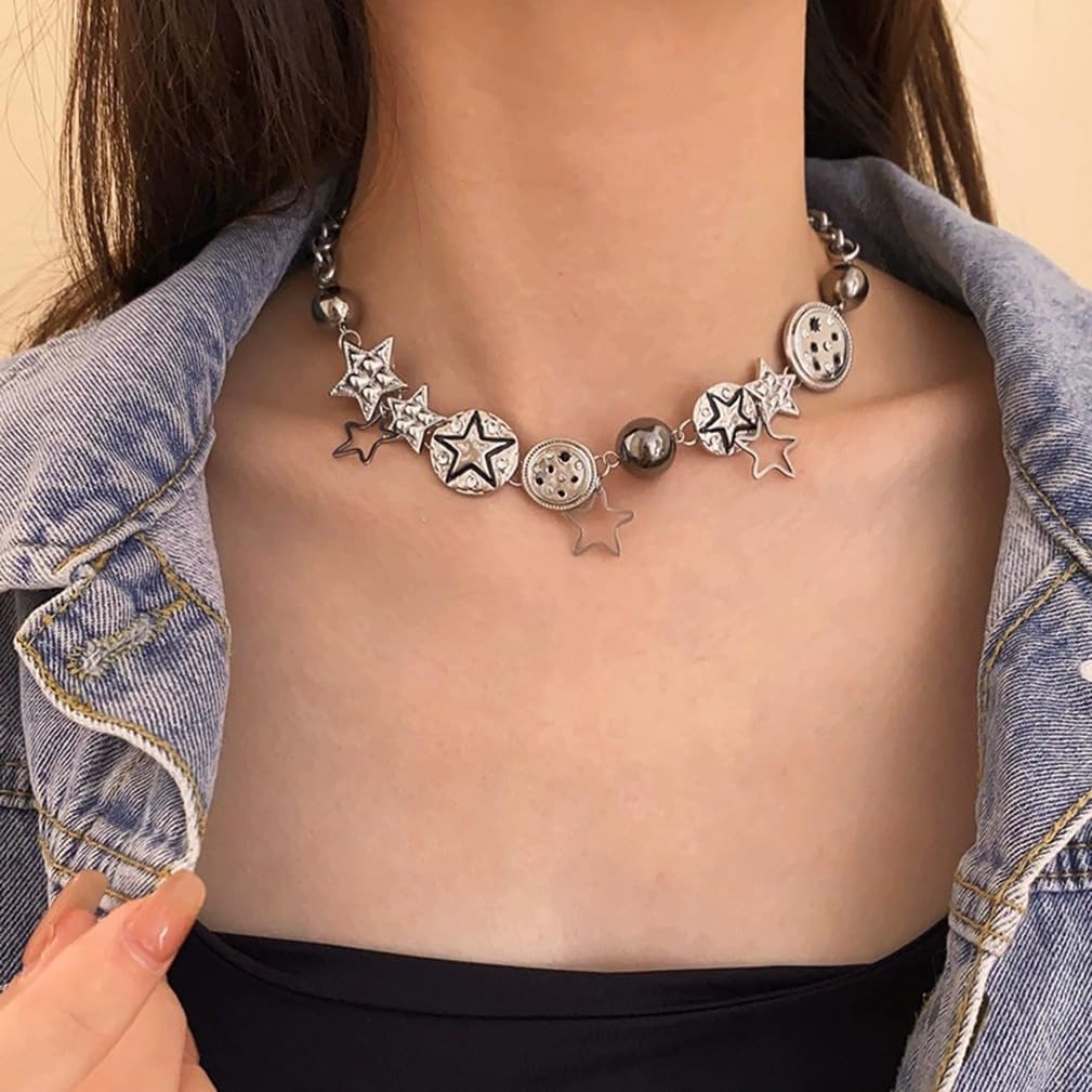 Charm Necklace for Women Silver Chunky Stars Choker Grunge Emo Rock Trendy Outfits for Women - Image 4