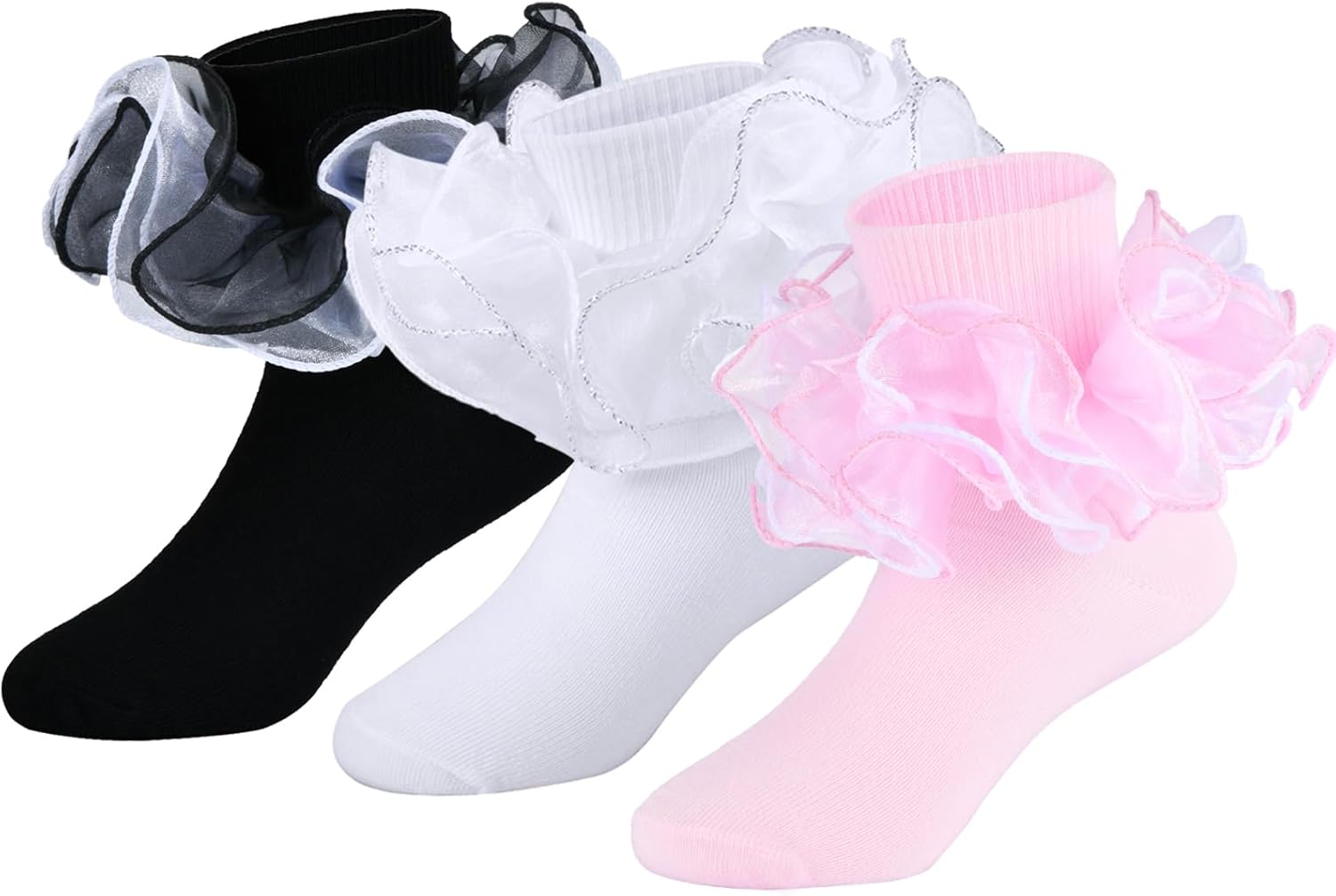 Toddler Girl Ruffle Socks with Big Four-Layer Fluffy Lace Frilly Turn Cuff Dress Baby Girls fancy Pageant