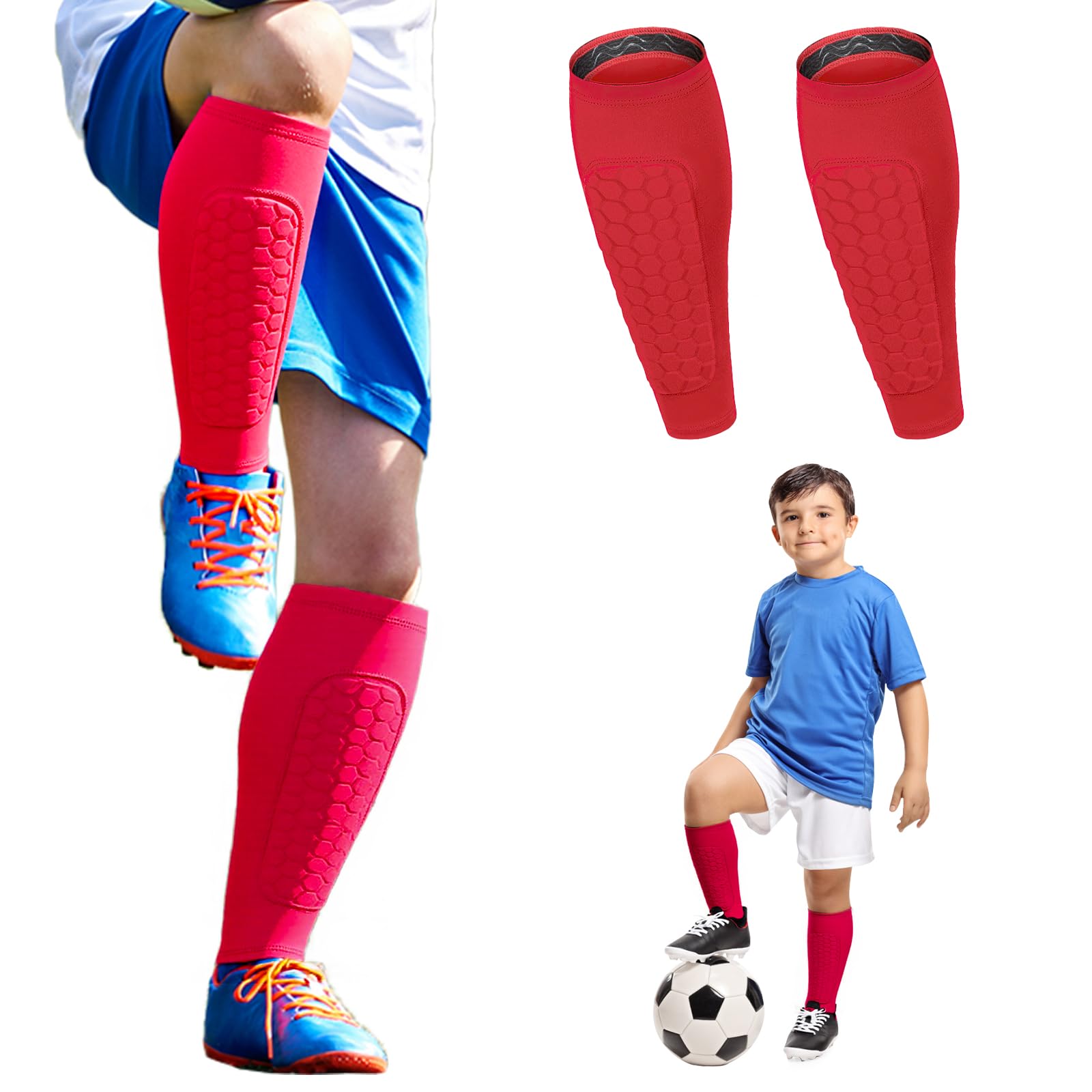 NOLTUQER Honeycomb Compression Sleeve Football Shin Guards for Kids Youth Adult, Soccer Defender Pads with Superior Impact Absorption, Breathable, Lightweight(Red,M)