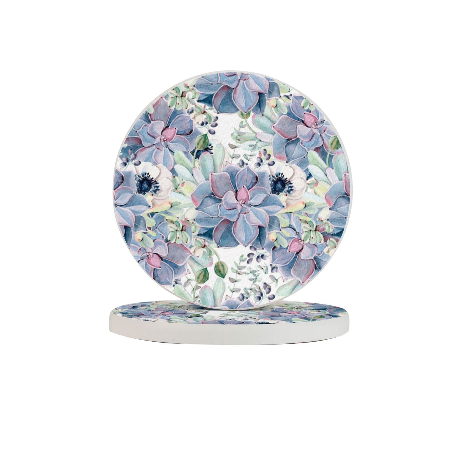Succulents Floral Two Pieces Coaster Heat-Resistant Reusable Saucers for Drinks Wine Glasses Plants Cups Mugs