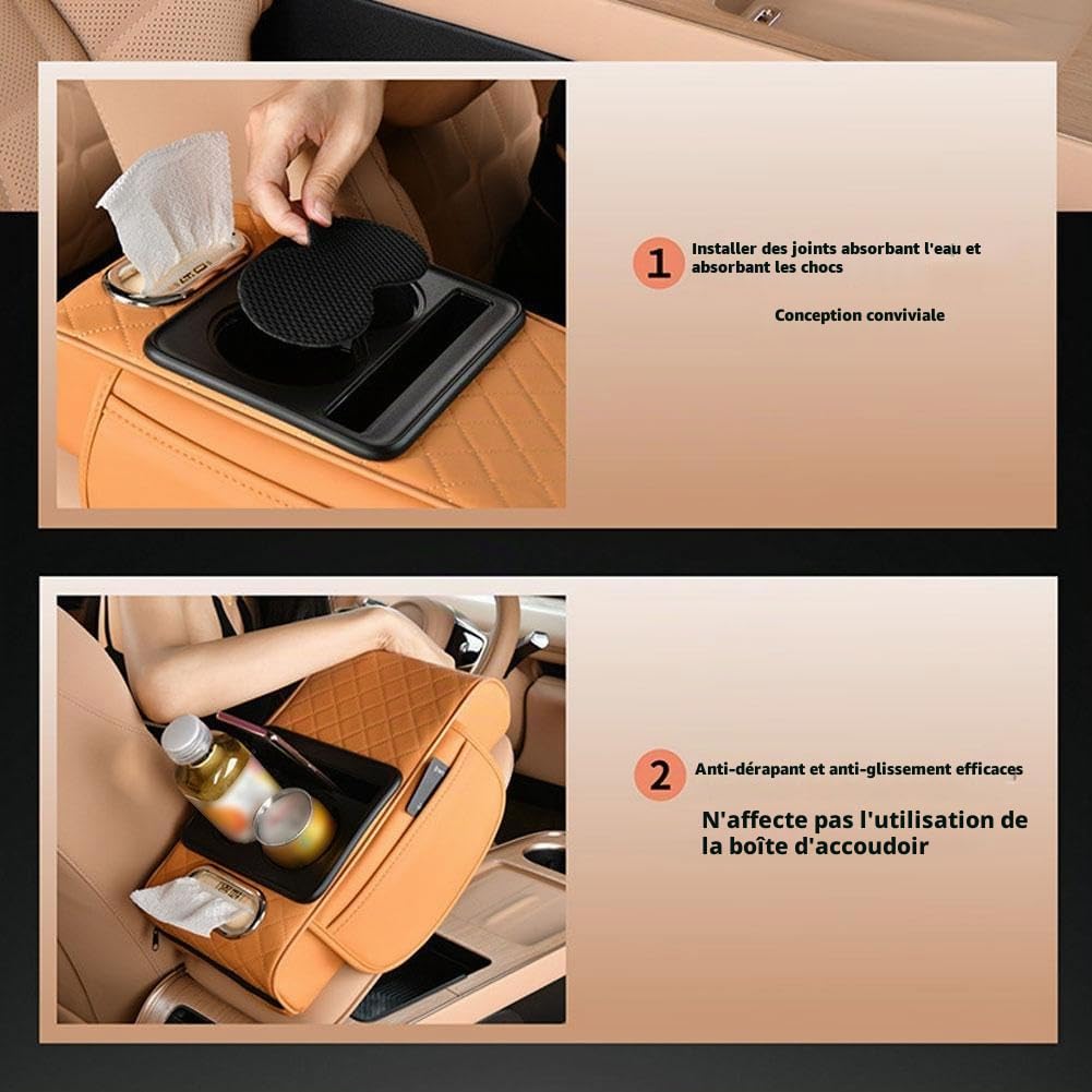 Tapis d'accoudoir de voiture multifonction en cuir synthétique, housse 5 en 1 pour console centrale, avec 2 sacs de rangement, porte-gobelet, fente pour boîte à mouchoirs, fente pour téléphone