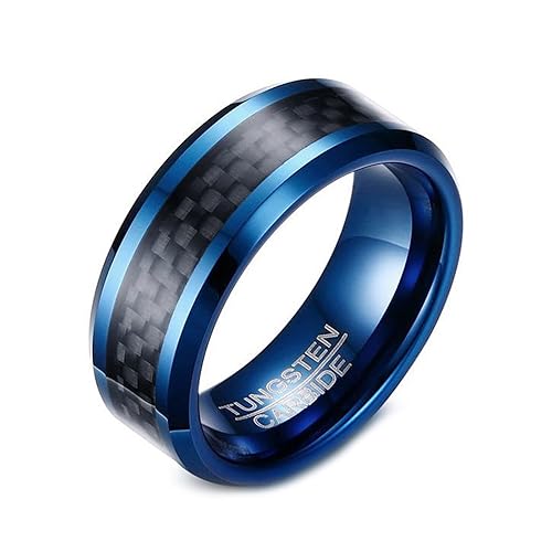 Promise Rings Simple, Tungsten Wedding Bands Rings for Men 8MM Carbon Fiber Inlay Black and Blue Engagement Rings Engravable Beveled Edge Size 11