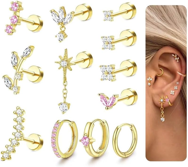 ORAZIO 16 Gauge Cartilage Earrings for Women Flat Back Hypoallergenic Surgical Steel Small Flatback Stud Hoop Cartilage Earring Stack Set Daith Conch Tragus Helix Piercing Jewelry Single PC