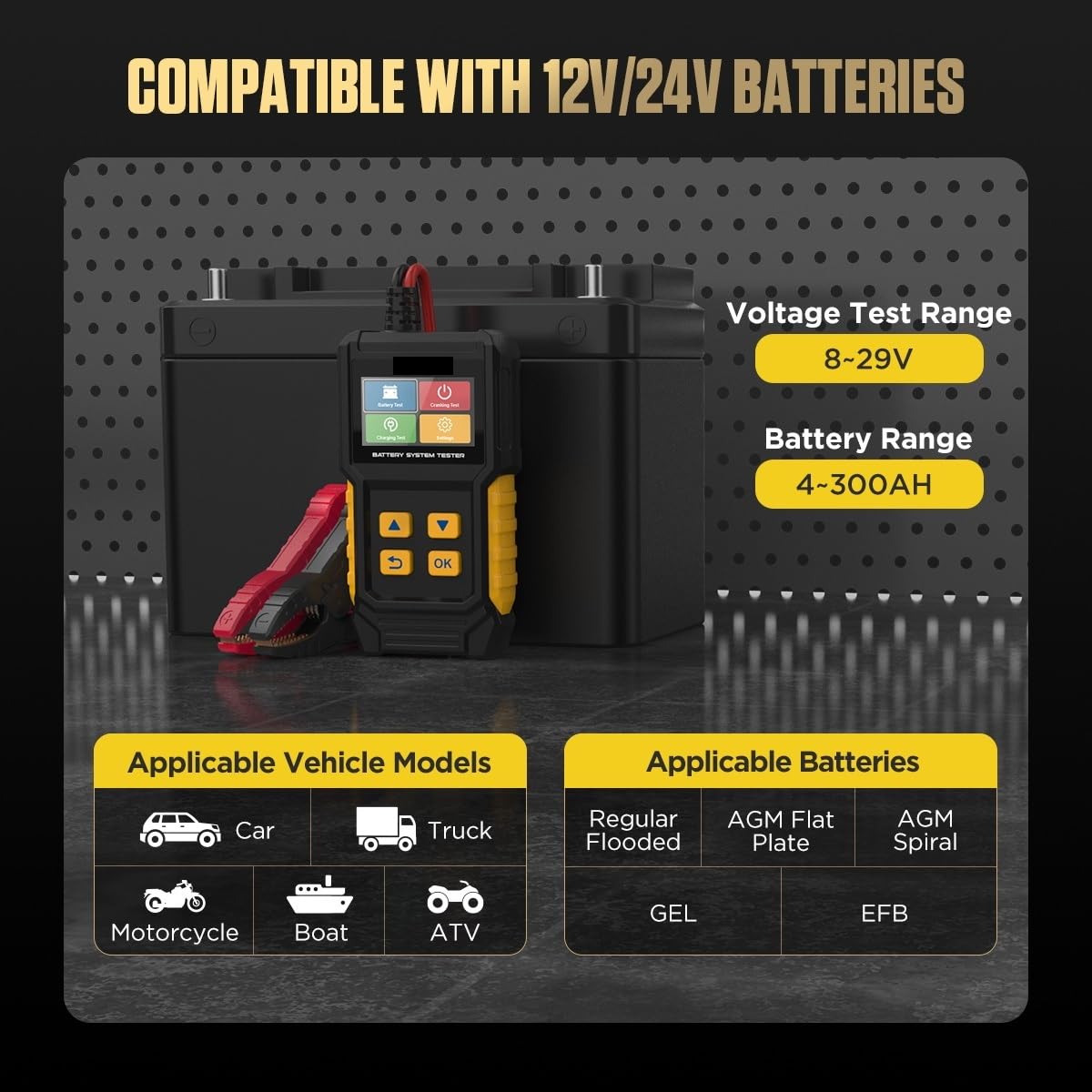 Tester baterii, Tester akumulatora samochodowego BT360 12 V Test diagnostyczny Cyfrowy tester Rozruch pojazdu Ładowanie Skaner Analizator Narzędzie