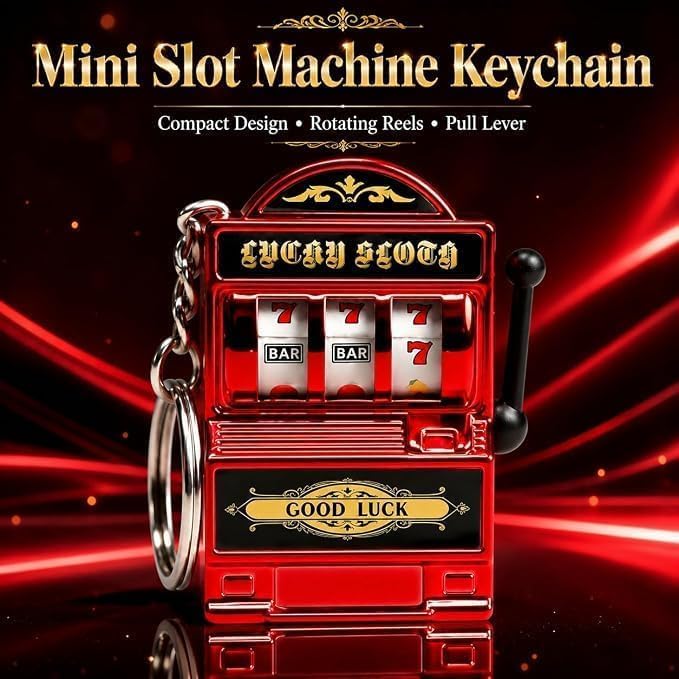 Image of Mini Slot Machine Keychain with Pull Lever and Rotating Reels, Lucky Slots Novelty Key Ring Pendant, Metal Pocket Arcade Game for Keys, Backpack, Handbag & Gifts