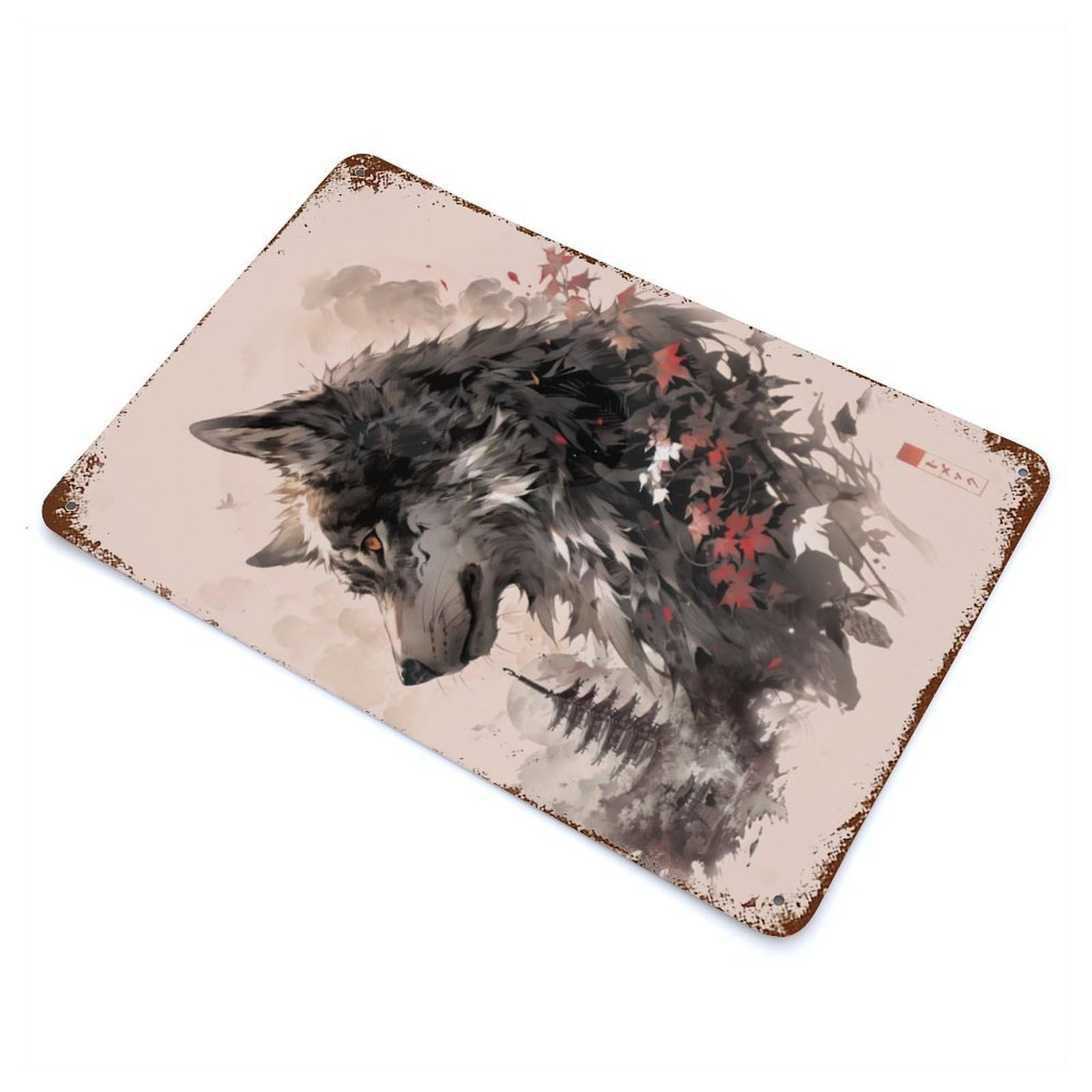 Wolf Vintage Wall Sign 11.8"x7.9", Rust Effect Metal Decor for Farmhouse, Kitchen And Entryway Decor
