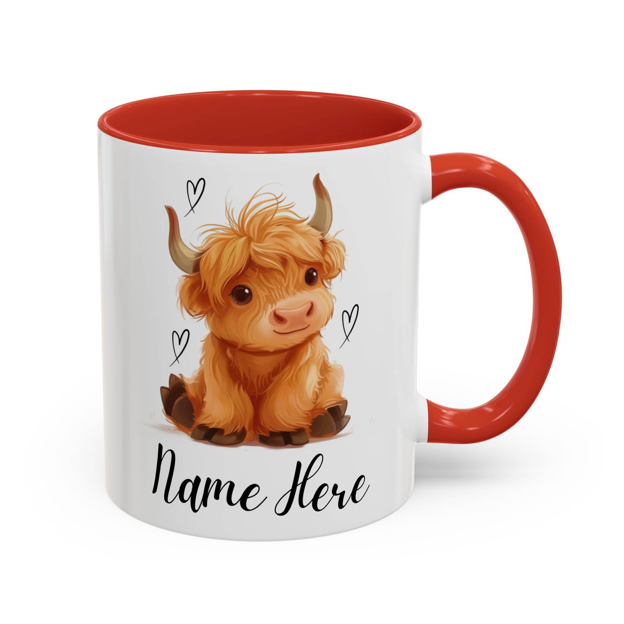 Personalised Highland Cow Mug Custom Name, Cute Cow Mug Gift for Her, Girlfriend, Daughter, Highland Cow Coffee Cup, Unique Personalised Gift (Red 11oz, Mug)