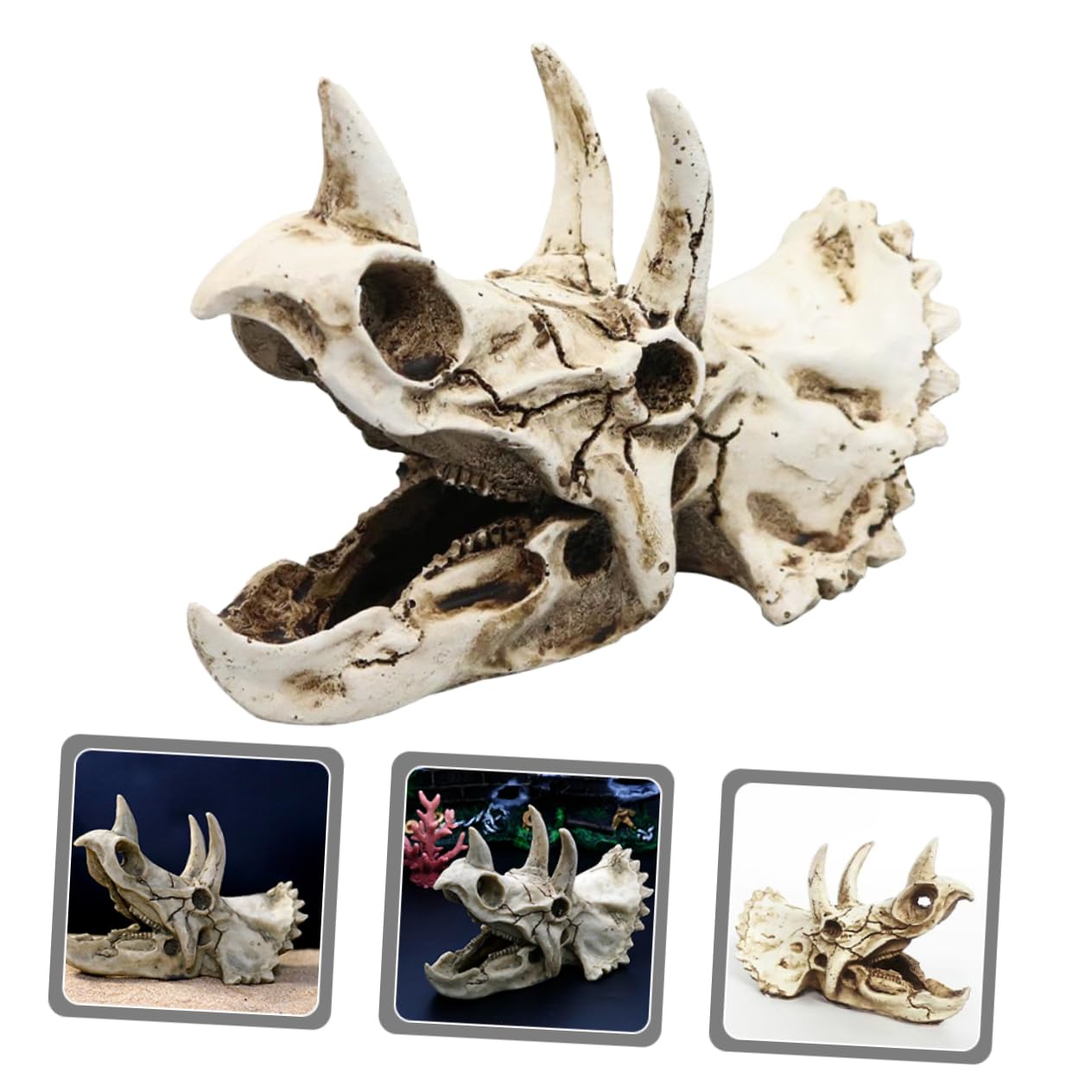 VANZACK Dinosaurierschädel-Dekoration Aquarium Deko Triceratops Versteck Für Fische Und Garnelen 7.09X4.33X3.54In Harz Zubehör Terrarien Höhle