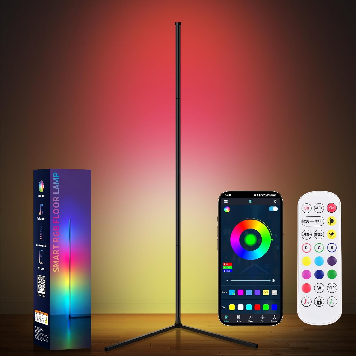 RGB LED Corner Floor Lamp - Smart App & Remote Control, Music Sync Color Changing Ambience Light with 16 Million Hues, Perfect for Bedroom, Living Room & Gaming Room