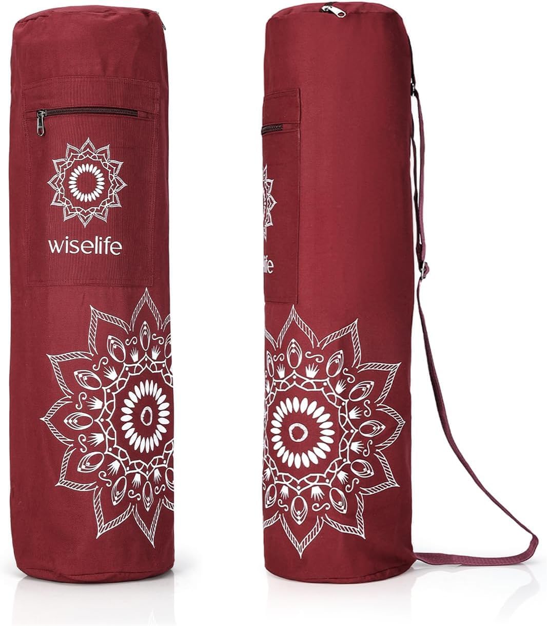 PE - Cotton Yoga Mat Bag (D2) - Premium Carry Bag, Full Zip, Adjustable Shoulder Strap, Multi-Functional Storage Pockets, Wine, for Mats up to 8MM - Random Colour-image-1