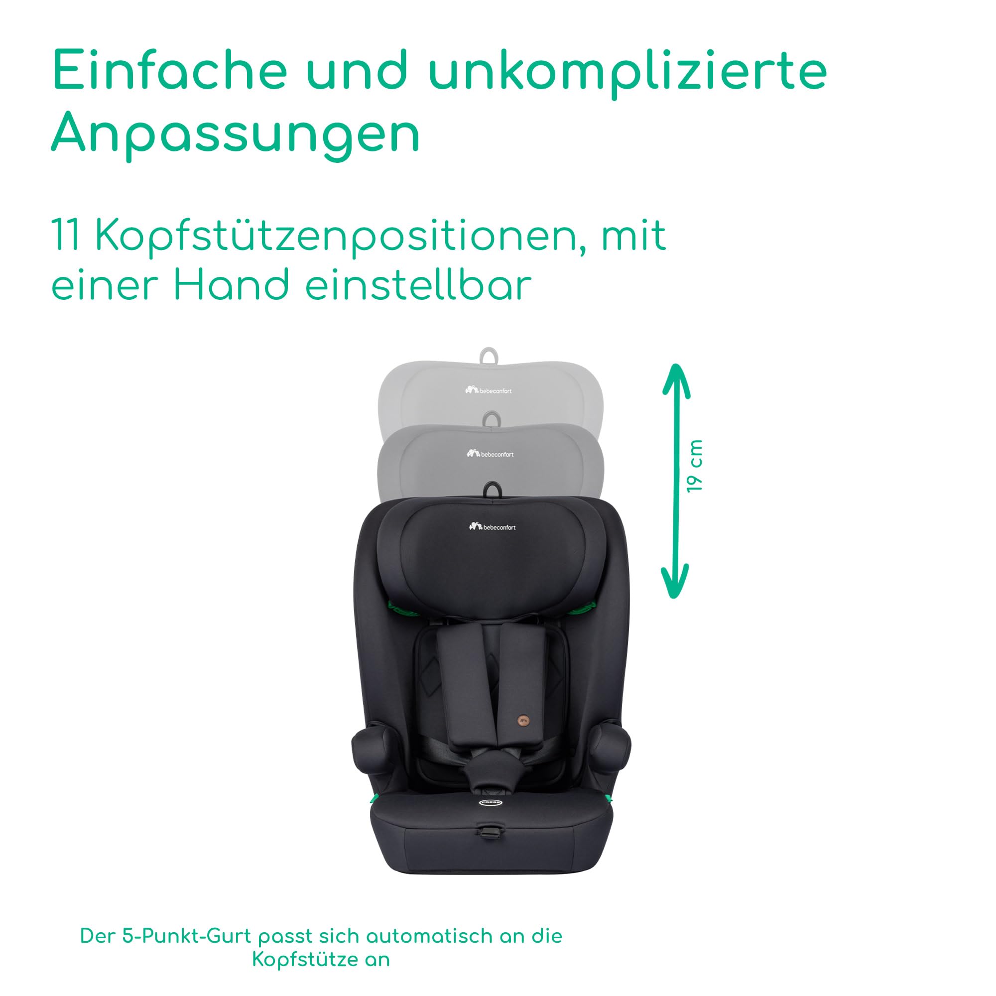 Bebeconfort Ever i-Safe, Mitwachsender Kindersitz 9-36 kg, 15 M.–12 J., 76–150cm, Kindersitzerhöhung, R129-Sicherheit, Seitenaufprallschutz, 11 Kopfstützenpositionen, Integrierte Armlehnen, Full Black