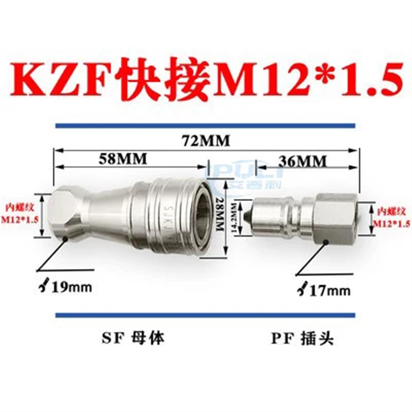 1/8 "1/4" 3/8 "1/2" 3/4 "BSPT NPT hembra 304 acero inoxidable KZF conector rápido hidráulico de autobloqueo de alta presión(Color:M12x1.5mm F-F SS304)