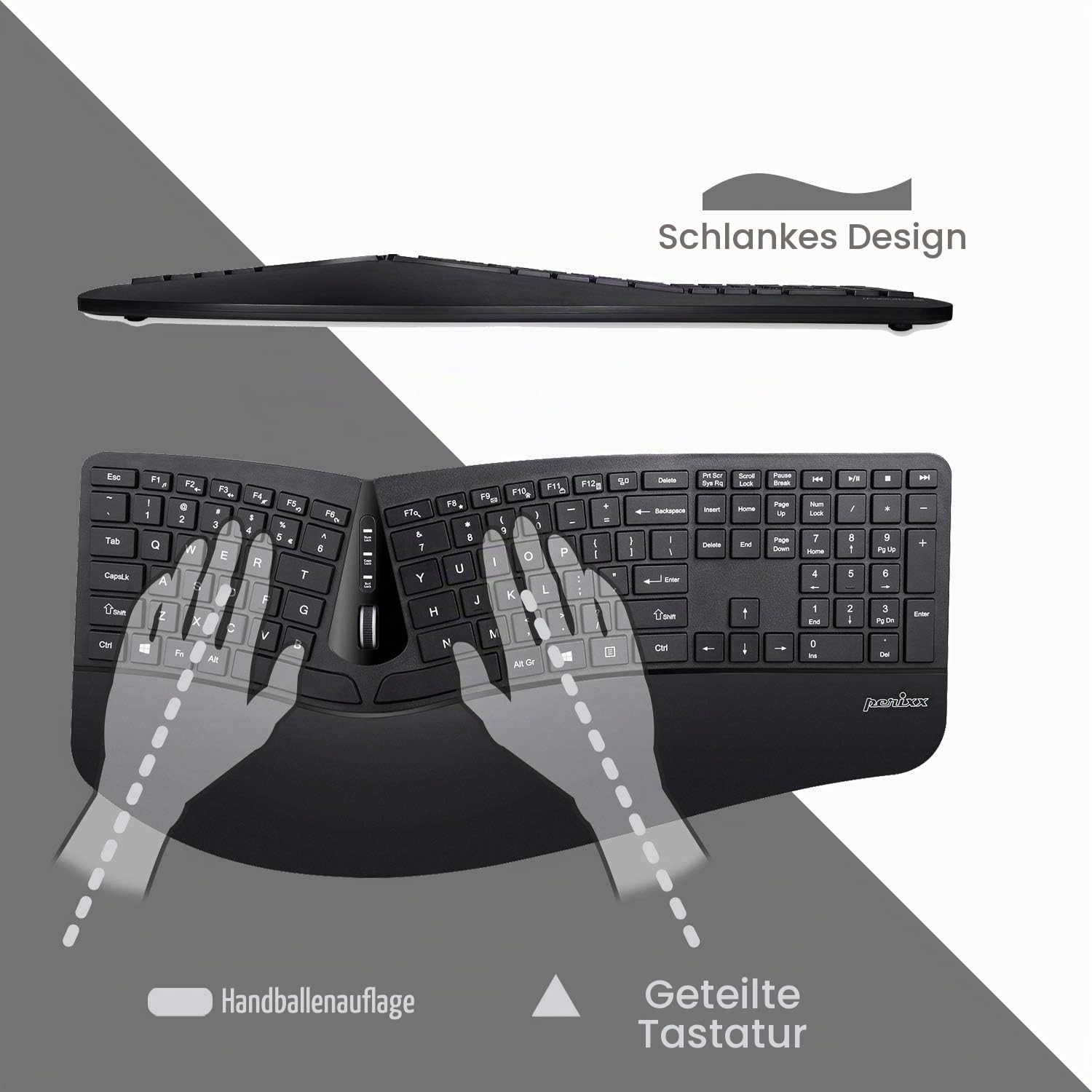 Perixx Periduo-605, Wireless Ergonomic Split Keyboard and Vertical Mouse Combo, Adjustable Palm Rest and Membrane Low Profile Keys, US English Layout