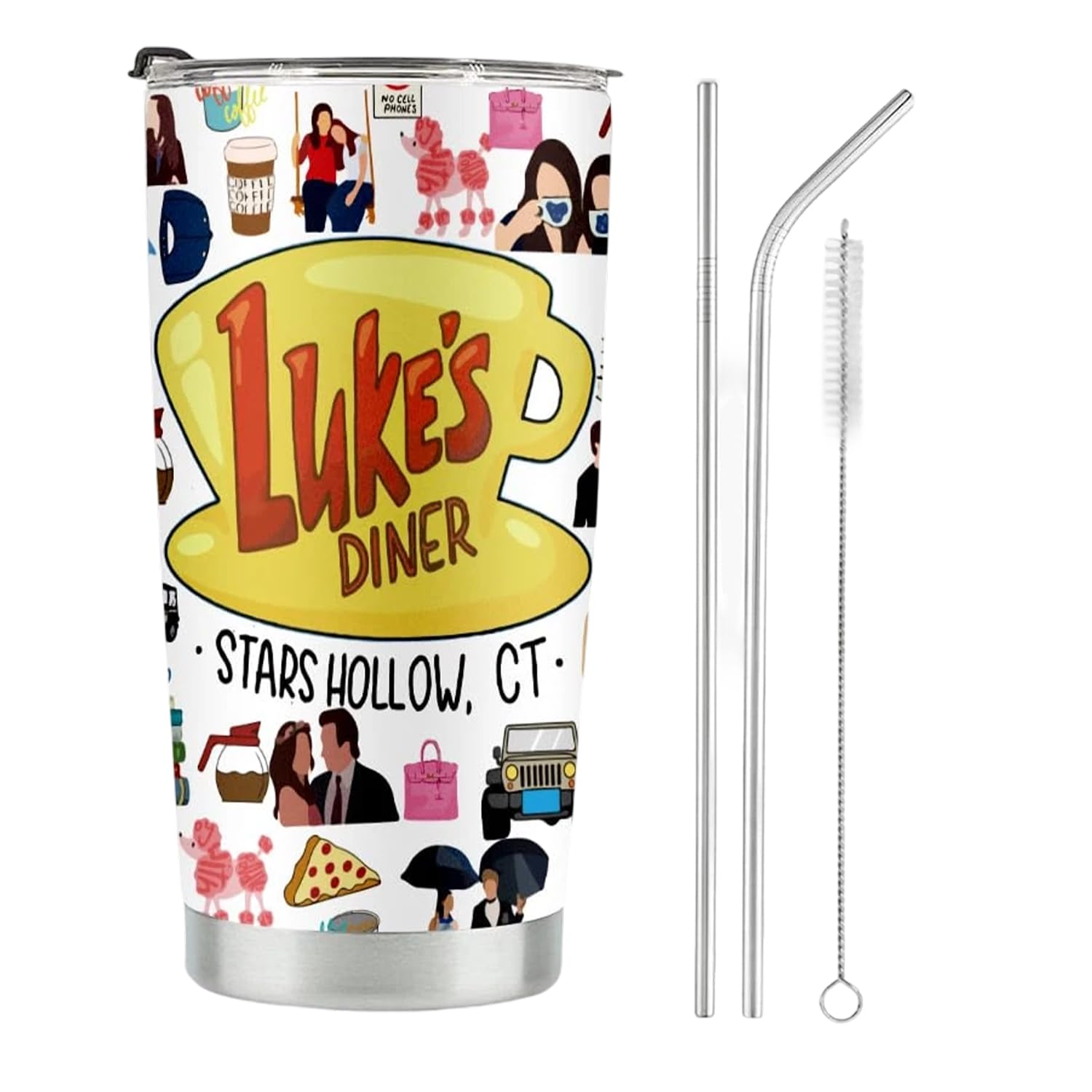 Onperpoe Bicchiere da caffè ispirato a Gilmore, tazza da caffè da viaggio ispirata a Luke's Diner, con cannuccia e coperchio, in acciaio inox, isolante, regalo per ragazze e fan, 590 ml